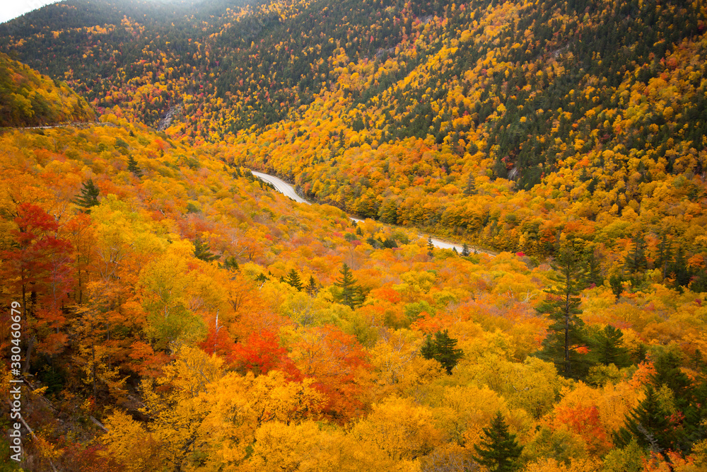 View of the White Mountain National Forest and Craford Notch Road just west of Bartlett, New Hampshire. Hardwood trees are showing peak fall color. View of the White Mountain National Forest and Craford Notch Road just west of Bartlett, New Hampshire. Hardwood trees are showing peak fall color.