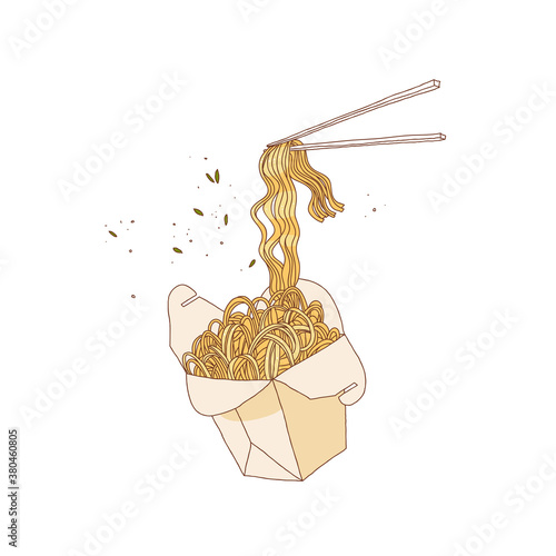 Noodles in the box, street food. Vector hand-drawn sketch.