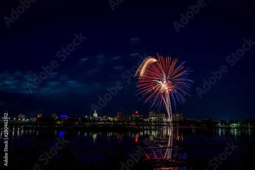 Harrisburg's 104th Kipona Festival 2020 - fireworks are set off from City Island. Here is a view of them and Riverfront Park from across the Susquehanna River.  © Rose Guinther