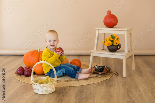 A little boy sits among pumpkins with a basket of ducklings photo