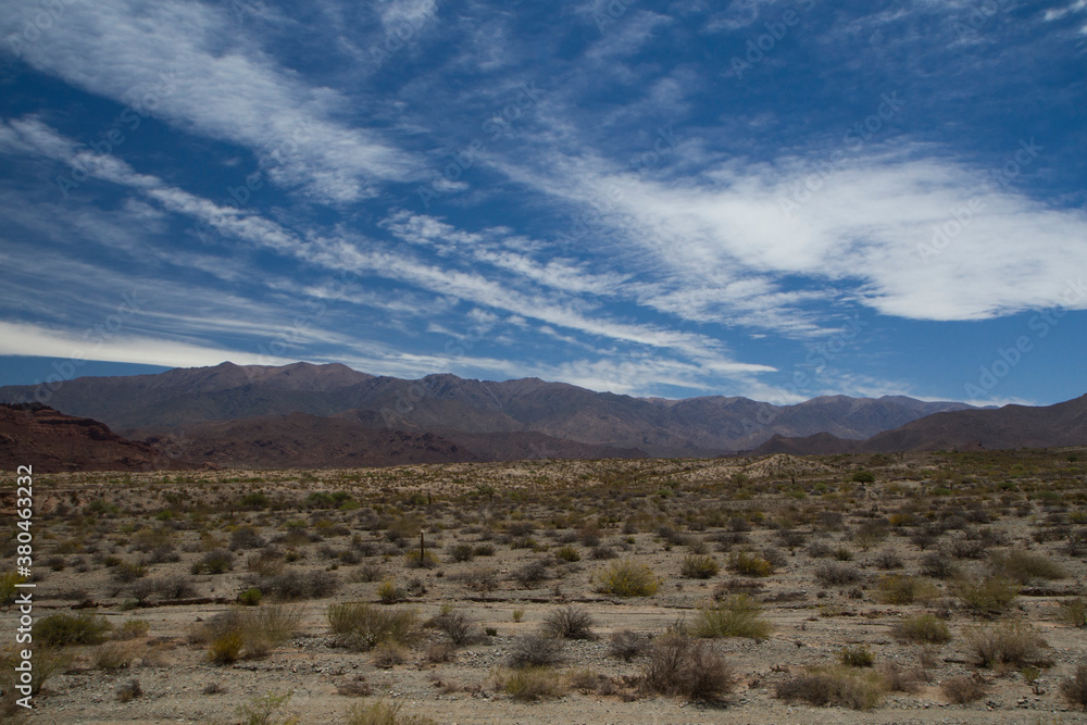 Desolated landscape. Panorama view of the arid desert, sand, vegetation and mountains under a beautiful blue sky with clouds.