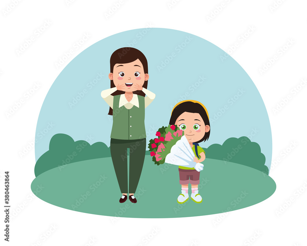 cute young teacher woman and schoolgirl with roses bouquet