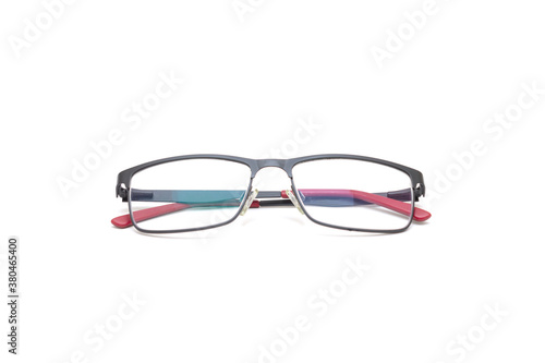 glasses for vision in black frames with red accents on isolated white background
