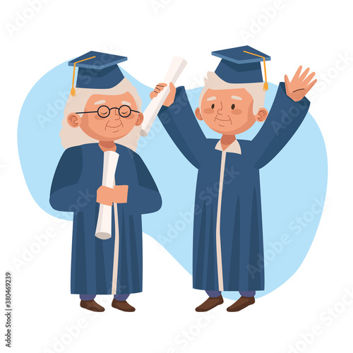 old couple graduating active seniors characters