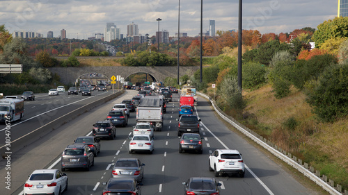 Photography High angle view of the colorful Don Valley Parkway traffic in autumn