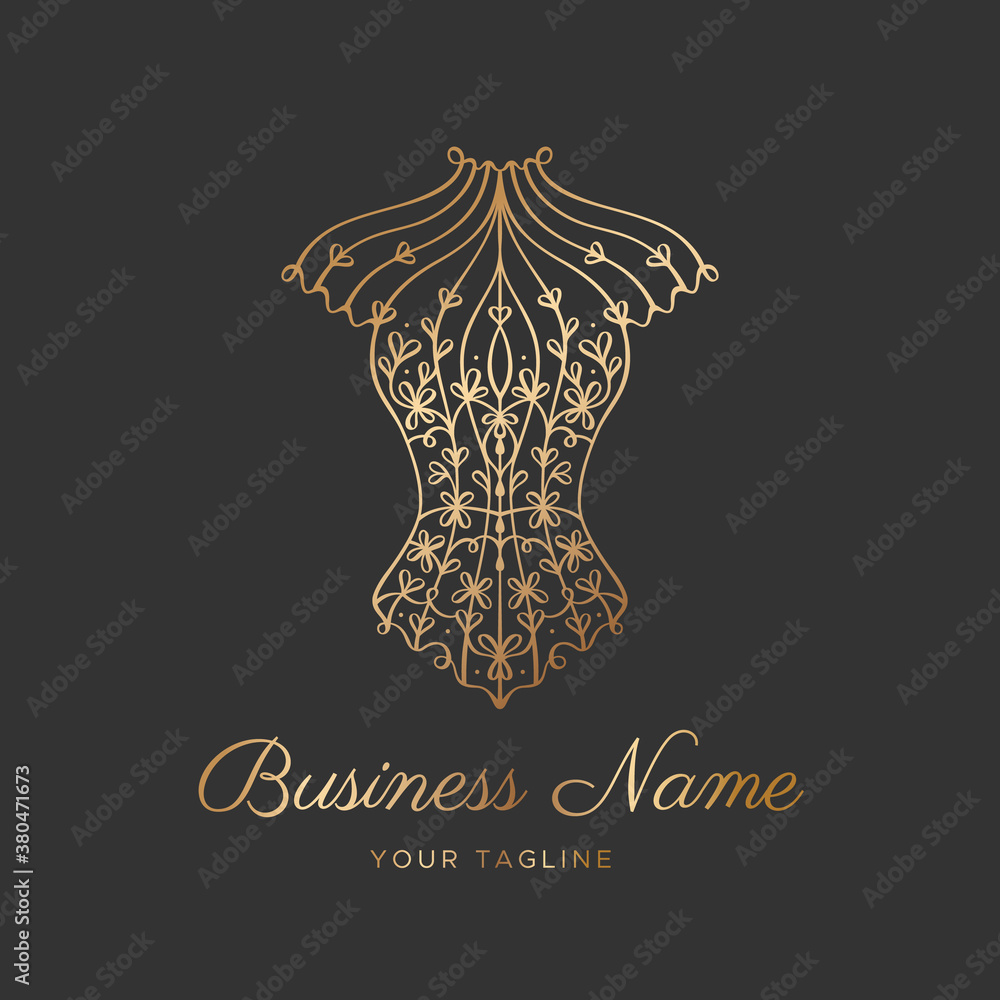 Logo for a lingerie boutique, wedding Studio, or fashion designer's salon.  Vintage lace corset with gold line hearts Stock Vector