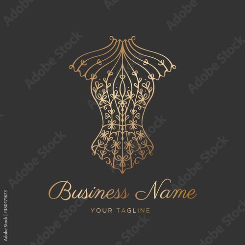 Logo for a lingerie boutique, wedding Studio, or fashion designer's salon. Vintage lace corset with gold line hearts