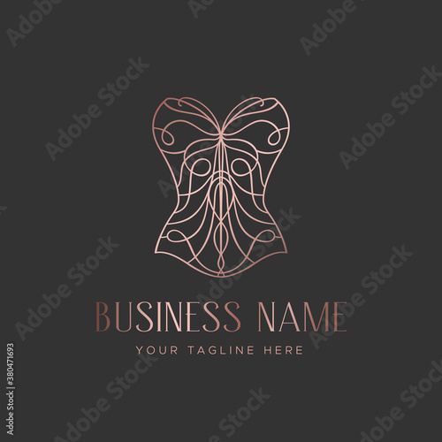 Logo for a lingerie boutique, wedding Studio, or fashion designer's salon. Vintage lace corset with a butterfly