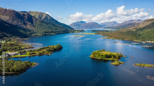aerial view of loch linnhe in summer near duror and ballachulish and glencoe in the argyll region of the highlands of scotland showing blue water and green fertile coast line