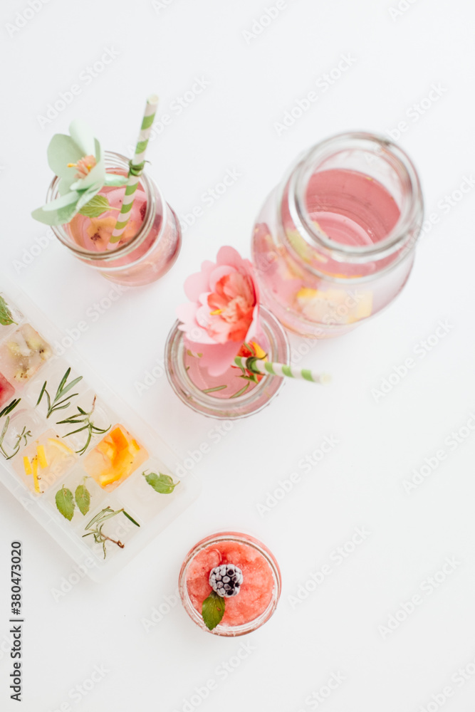 Pastel Arrangement of Rose Tea and Fruity Ice Cubes Pastel Arrangement of Rose Tea and Fruity Ice Cubes
