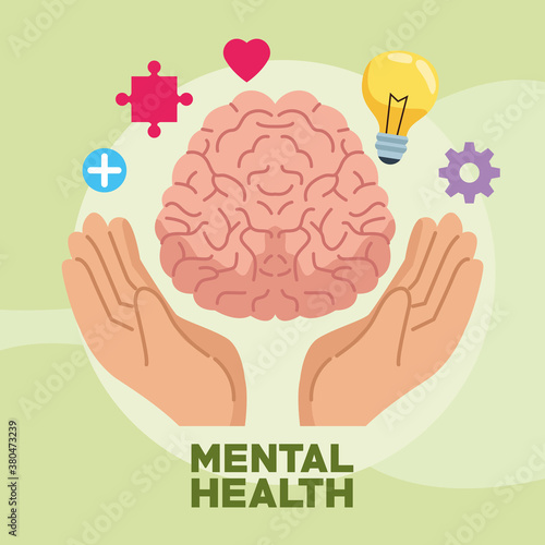 mental health day with hands protecting human brain and set items