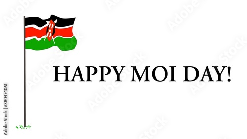 Kenya flag and happy Moi day words. Text on white. Pole with flag. Holiday on October ,10. Colors. photo