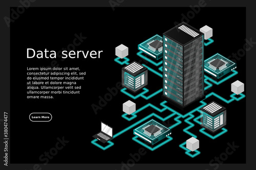 Concept of data network management .Vector isometric map with business networking servers computers and devices.Cloud storage data and synchronization of devices. 3d isometric style