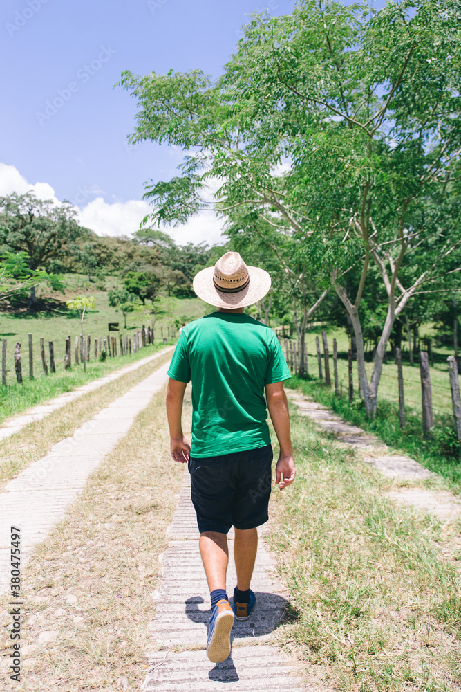 Young man with straw hat walking on a path in the countryside seen from behind Young man with straw hat walking on a path in the countryside seen from behind