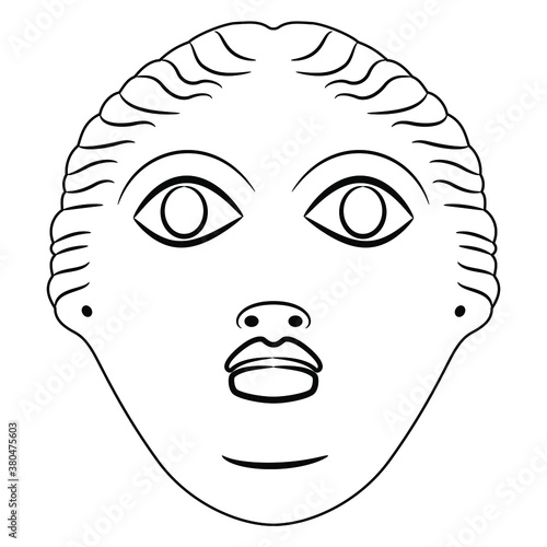 Ancient Greek female mask. Black and white silhouette. Face of a woman or goddess.