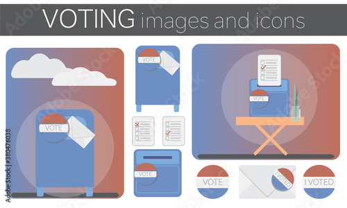 US voting images and icons showing multiple vote options including mail-in vote envelope, post office mail box, paper ballot box. Flat illustration.