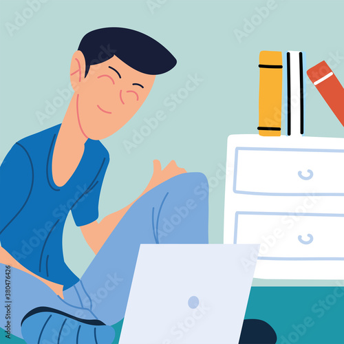 man working remotely from her home