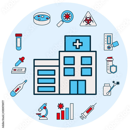 hospital building and covid test icon set, line and fill style