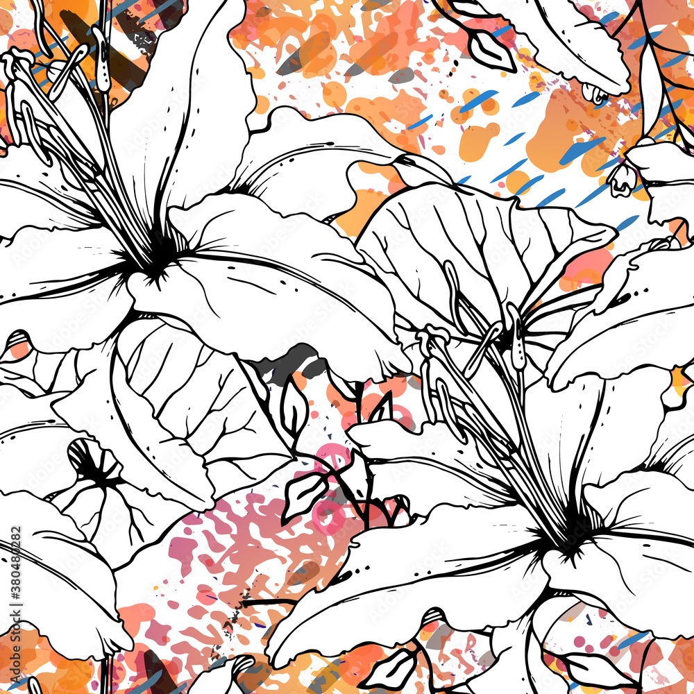 Fototapeta premium Floral Black White Pattern. Modern Watercolor