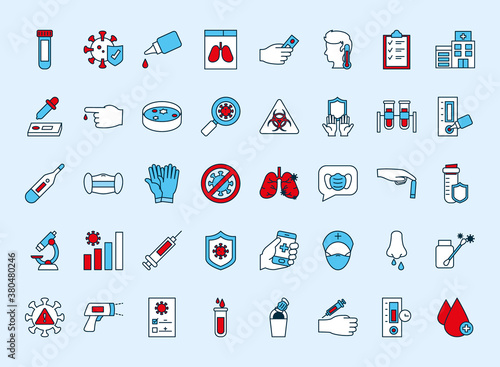 icon set of covid test, line and fill style