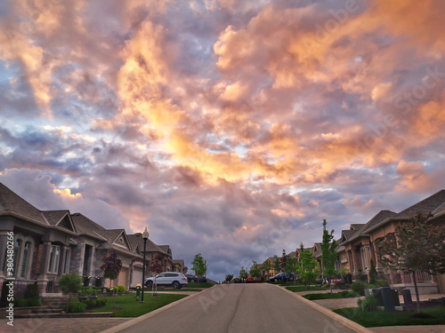 Photography Beautiful pink yellow red dramatic sky clouds in Alliston town, Ontario, Canada