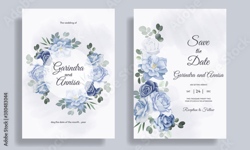  Romantic Wedding invitation card template set with blue floral leaves Premium Vector