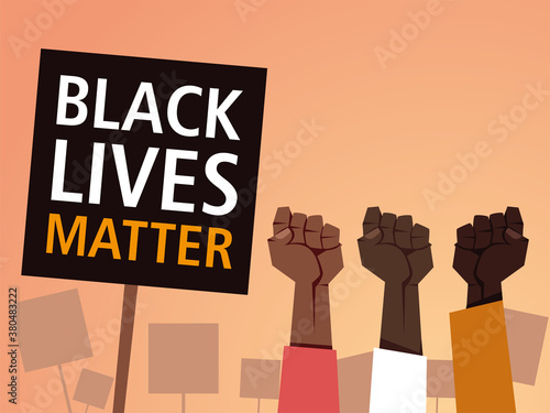 Black lives matter on banner with fists vector design