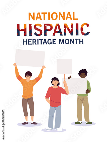 national hispanic heritage month with latin men with banners vector design