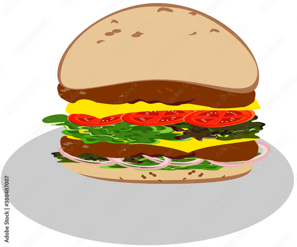 Burgers meat eggs onions tomatoes cheese american food illustration vector. Burgers meat eggs onions tomatoes cheese american food illustration vector.