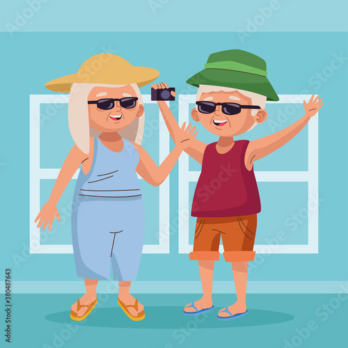 old couple tourist with camera photographic active seniors characters