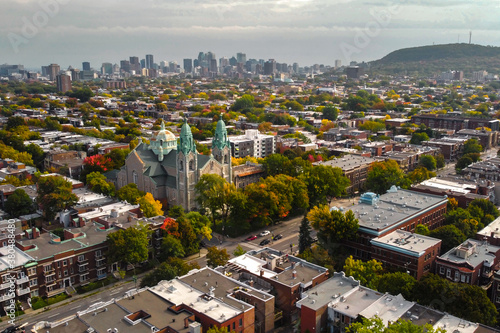 Aerial drone view of Montreal city very popular Plateau Mont-Royal neighbourhood