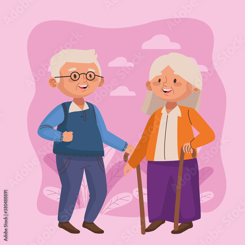 old couple walking with canes active seniors characters scene