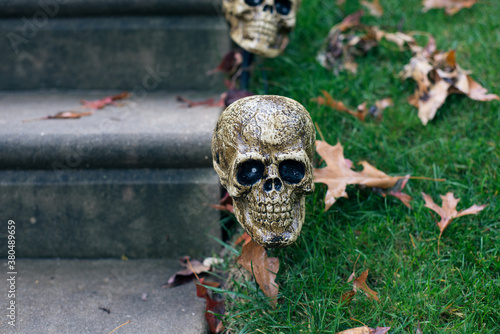 Skulls line the steps of a home's front walk photo