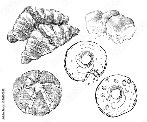 Korean garlic cheese bread donuts croissant puff pastry hand drawn sketches white isolated background