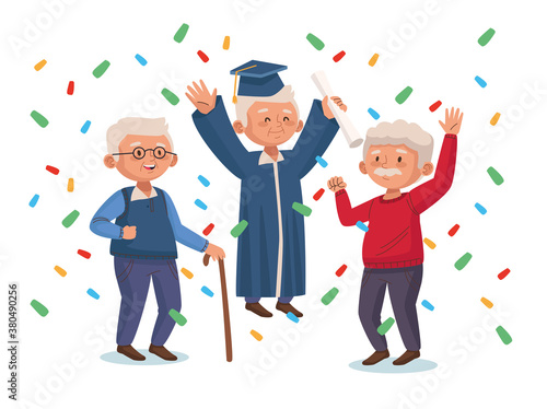 old men group with confetti active seniors characters