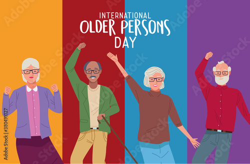 international older persons day lettering with group of grandparents celebrating