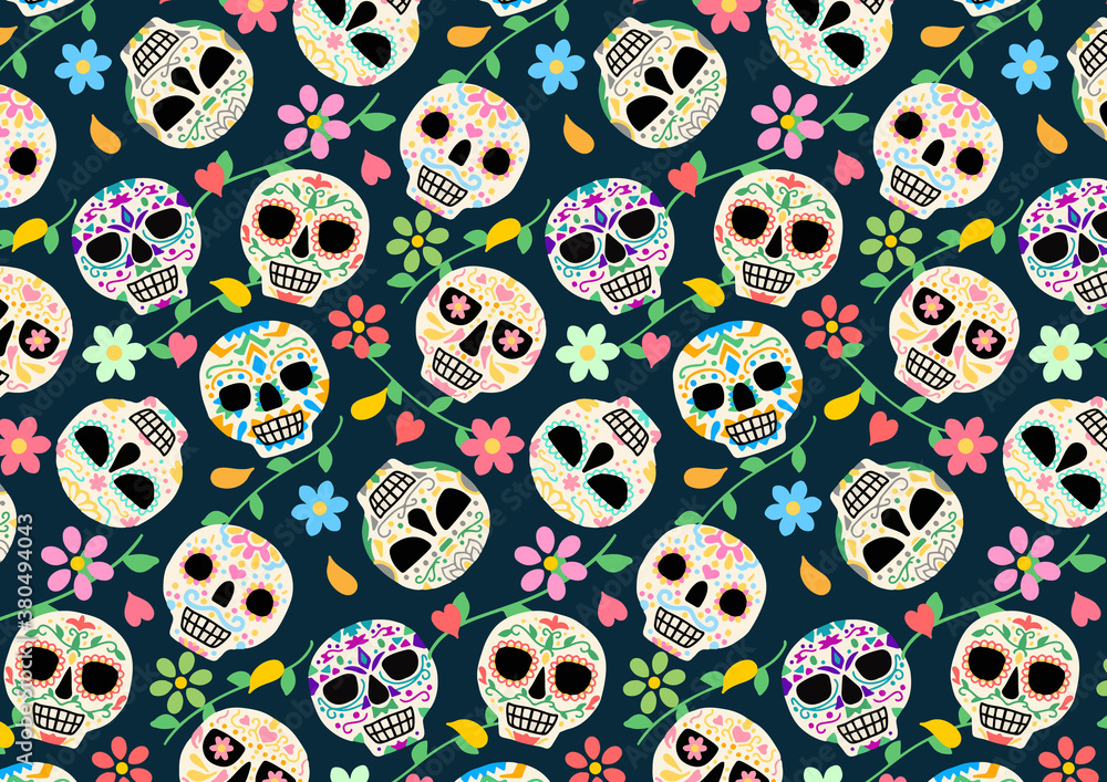 メキシコ 死者の日 シームレスパターン 背景 Day of the Dead seamless vector pattern sugar skulls flowers background メキシコ 死者の日 シームレスパターン 背景 Day of the Dead seamless vector pattern sugar skulls flowers background