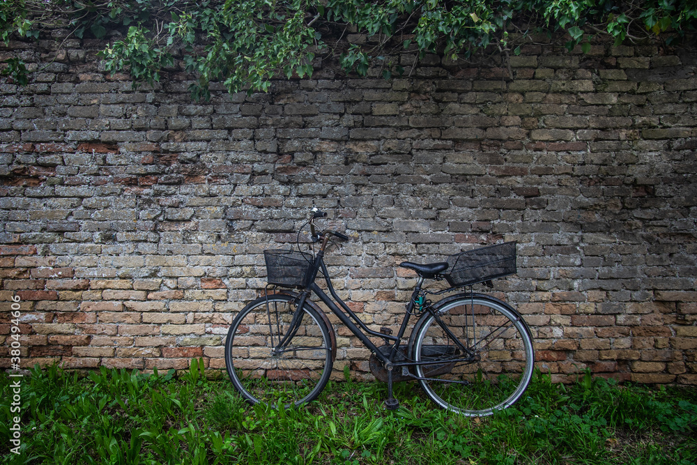 rustic park scene with bike and brick wall