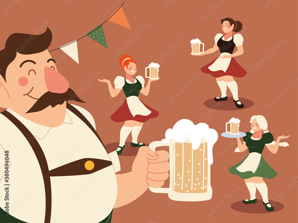oktoberfest man and women with traditional cloth beer and banner pennant vector design