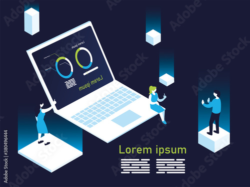 donut charts infographic in laptop with women and man vector design