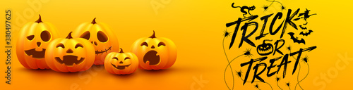 halloween trick or treat poster and banner template with cute halloween pumpkin on yellow background. Website spooky,Background or banner Halloween template.Vector illustration EPS10