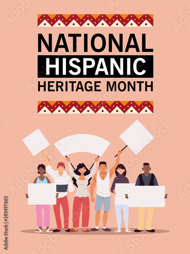 national hispanic heritage month with latin men and women with banners vector design