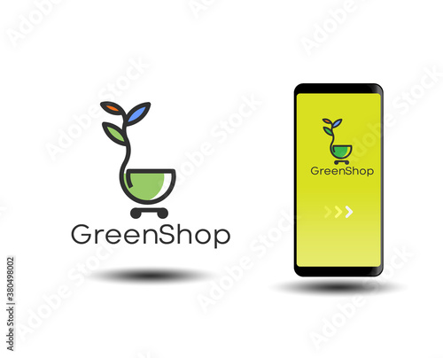 nature food vegan Online Shop logo designs template, Phone Shop symbol icon with shopping Trolley. cannabis