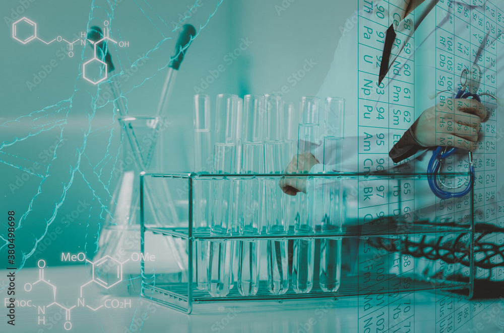 Double exposure of test tube science and doctor,Laboratory glassware containing chemical liquid,