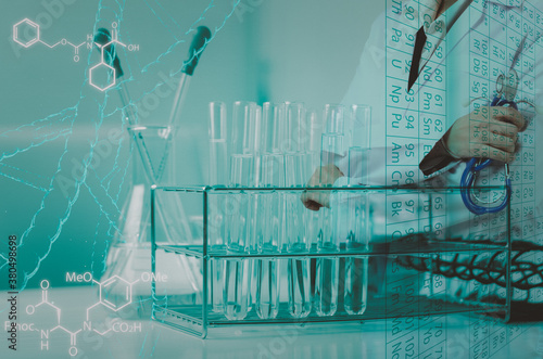 Double exposure of test tube science and doctor Laboratory glassware containing chemical liquid 