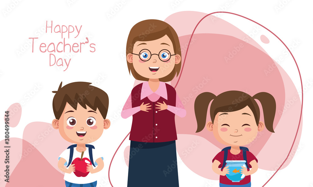 teacher woman with little students and lettering teacher woman with little students and lettering