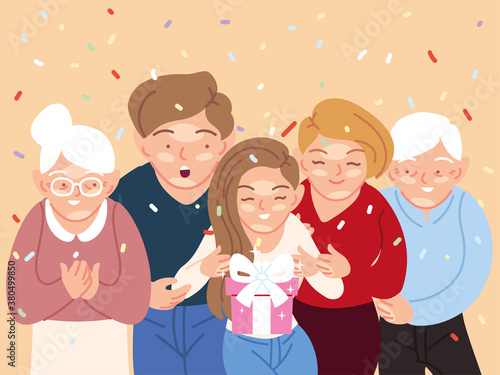 girl with parents and grandparents cartoons opening gift vector design
