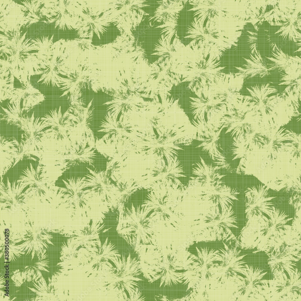 Fototapeta premium Bright line green tropical foliage seamless pattern. High quality illustration. Vivid but simple palm tree leaves in happy light green shades with linen fabric texture overlay.