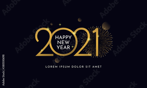 Happy new year 2021 typography text celebration social media poster vector design. Professional elegant golden customized number with fireworks explosion on dark sky background.