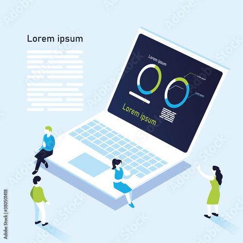 donut charts infographic in laptop with people vector design